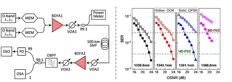 Figure 1: Amplified transmission in the O-band using bismuth-doped fibre amplifiers